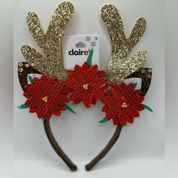 Claire’s Christmas Poinsettia Antlers Headband NWT - Picture 2 of 5